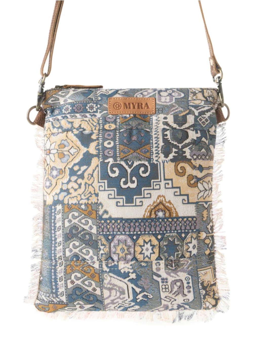 Myra Bag Blue & Tan Woven Tapestry Crossbody with Fringe